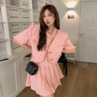 Short-sleeve Ruffled Blazer / Pleated A-line Skirt