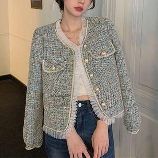 Ruffle Trim Plaid Jacket Blue - One Size