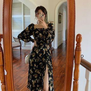 Long-sleeve Floral Drawstring Slit Midi Sheath Dress