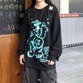 Cartoon Bear Long-sleeve Round Neck T-shirt Black - One Size