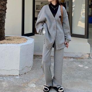 Oversized V-neck Long-sleeve Jacket / High-waist Wide-leg Pants