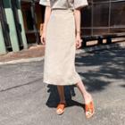 Linen Blend H-line Midi Skirt Beige - One Size