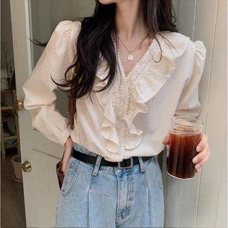 Long-sleeve Ruffle Trim Embroidered Blouse