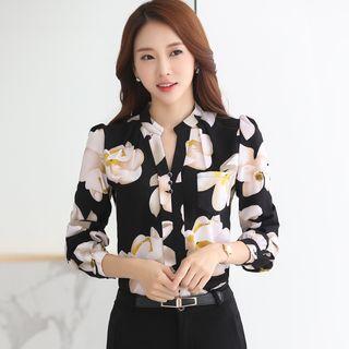 Floral Print V-neck Long-sleeve Chiffon Blouse
