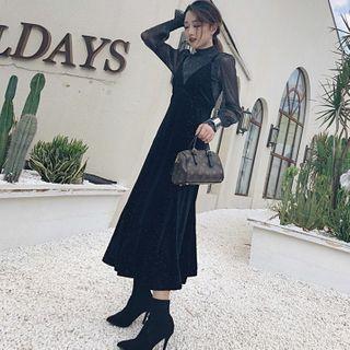 Set: Glitter Lantern-sleeve Top + Midi A-line Velvet Pinafore Dress