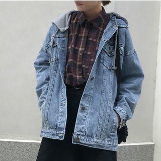 Mock Two-piece Hooded Denim Jacket Light Blue - One Size