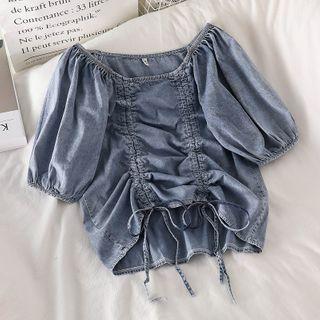 Puff-sleeve Drawstring Denim Cropped Top Denim Blue - One Size
