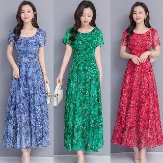 Short-sleeve Leaf Print Maxi A-line Dress