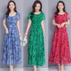 Short-sleeve Leaf Print Maxi A-line Dress