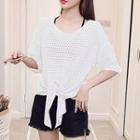Elbow-sleeve Perforated Knit Top