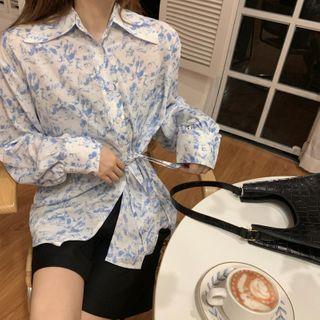 Printed Tie-strap Long-sleeve Blouse