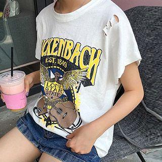 Print Short Sleeve Distressed T-shirt