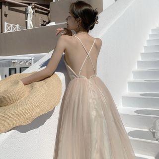 Spaghetti Strap Open-back Maxi A-line Mesh Dress