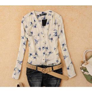 Long-sleeve Bird Print Chiffon Top