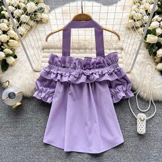 Puff-sleeve Halter Neck Ruffled Crop Top