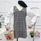 V-neck Pleated Panel Mini Plaid Pinafore Dress