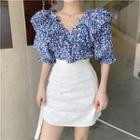 Short-sleeve Floral Blouse / Pencil Skirt