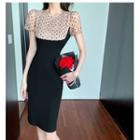Short-sleeve Dotted Mesh Panel Bodycon Dress