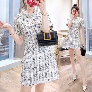 Short-sleeve Tweed A-line Mini Dress