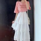 Elbow-sleeve Letter T-shirt / A-line Midi Tiered Skirt