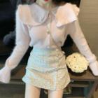 Furry Cardigan / Mini Fitted Tweed Skirt