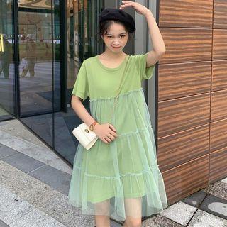 Short-sleeve Mesh Panel Ruffled T-shirt Dress
