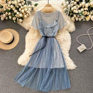 Set: Short-sleeve Striped T-shirt + Spaghetti Strap Mesh Midi Dress