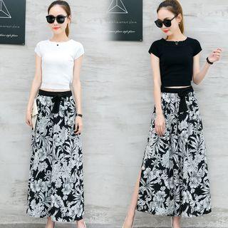 Set: Short-sleeve Crop T-shirt + Flower Print Wide-leg Pants