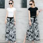 Set: Short-sleeve Crop T-shirt + Flower Print Wide-leg Pants