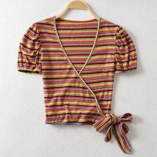 Striped Short-sleeve Tie-hem Cropped T-shirt
