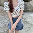 Short-sleeve Flower Print Cropped T-shirt / Ruffle Hem Denim Mini Pencil Skirt