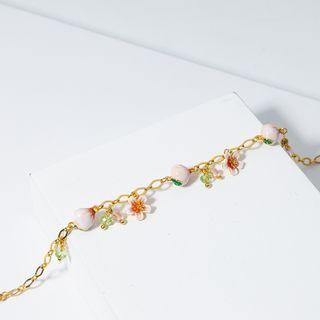 Flower Peach Enamel Alloy Bracelet Pink & Green & Gold - One Size