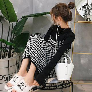 Set: Long-sleeve Top + Rhombus Spaghetti-strap Midi Knit Dress