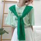 Elbow-sleeve Mock Scarf Lettering T-shirt Green - One Size