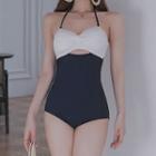 Two-tone Halter-neck Cutout Swimsuit