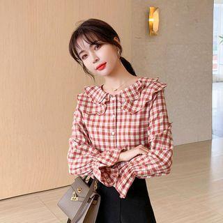 Long-sleeve Ruffled Checked Blouse