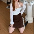 Halter-neck Camisole Top / Lace Cardigan / Belted Mini A-line Skirt