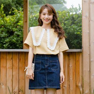 Lace Trim Collar Short-sleeve Blouse