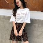 Lettering Short Sleeve T-shirt / Leopard Patterned A-line Skirt