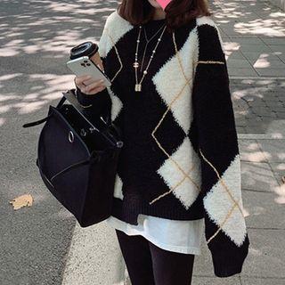 Round Neck Argyle Sweater Black - One Size