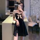 Set: Puff-sleeve Bow Rhinestone A-line Dress + Shorts
