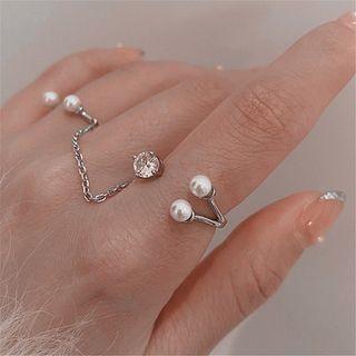 Faux Pearl Rhinestone Chained Open Ring Silver - One Size