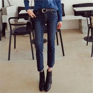 Band-waist Fray-hem Straight-cut Jeans