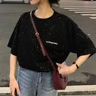 Letter Embroidered Glitter Elbow-sleeve T-shirt