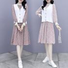 Set: Long-sleeve Floral Print Midi A-line Dress / Cable Knit Sweater Vest