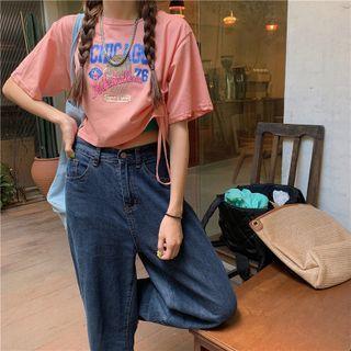 Short-sleeve Print Drawstring Cropped T-shirt