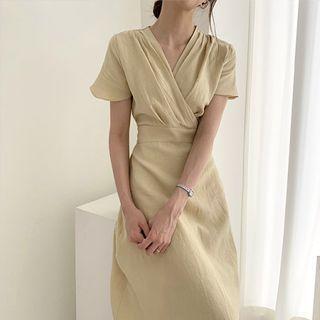Short-sleeve Crisscross Slim Fit Dress Light Yellow - One Size