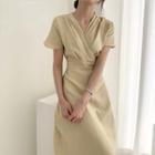 Short-sleeve Crisscross Slim Fit Dress Light Yellow - One Size
