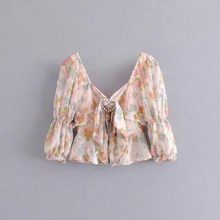 Puff-sleeve Floral Print Beaded Heart Accent Crop Top