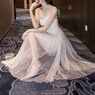 Spaghetti-strap Sequin Midi Mesh Cocktail Dress